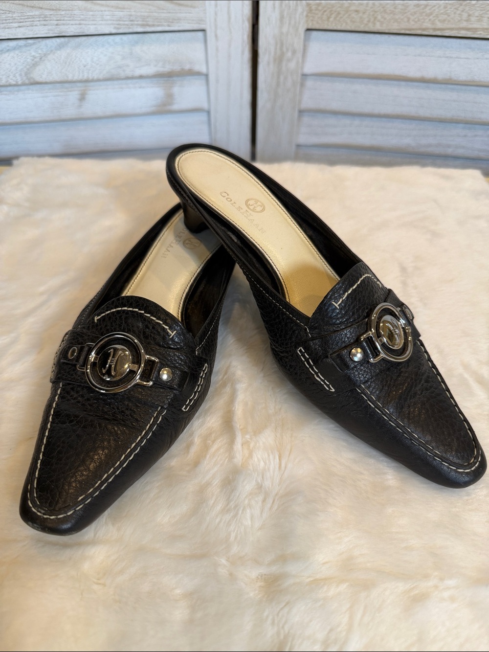 Cole Haan Leather Slip-On Mule Loafers with Stitching & Buckle Detail
